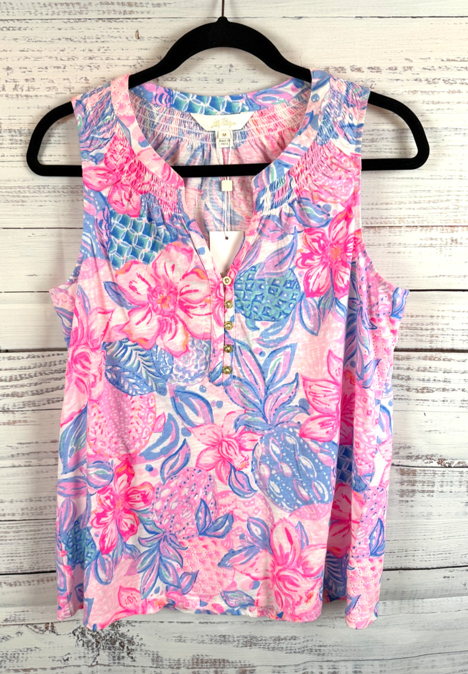 LILLY PULITZER 100% cotton pink blue sleeveless tank V-neck top size M NWT